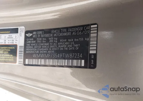 2009 Mini Cooper S from USA, damaged, VIN WMWMF73549TW87234